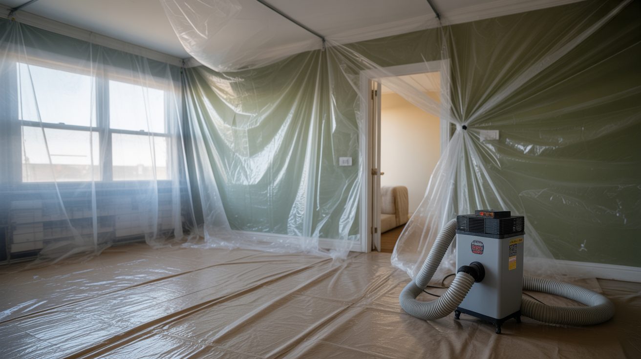Containment sheeting and an air scrubber staged for a mold job in Charleston