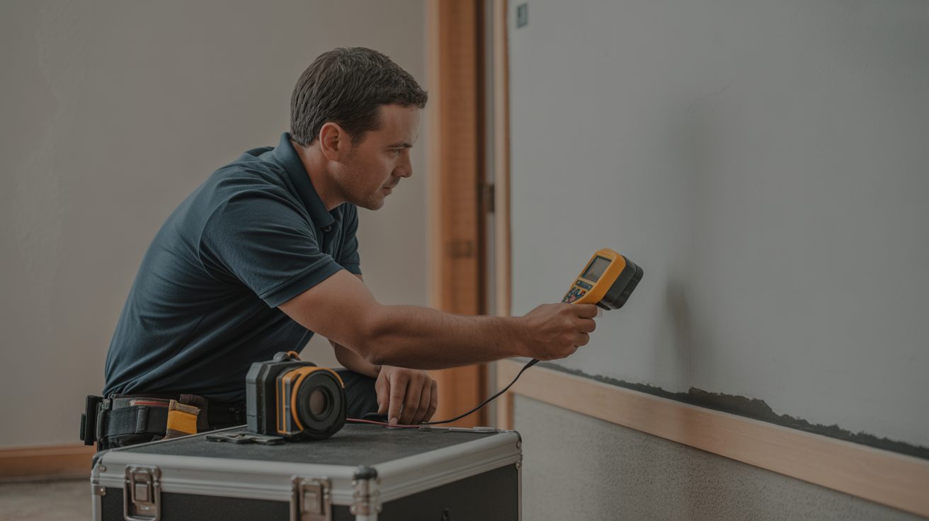 Technician taking a moisture-meter reading on a wall in Charleston