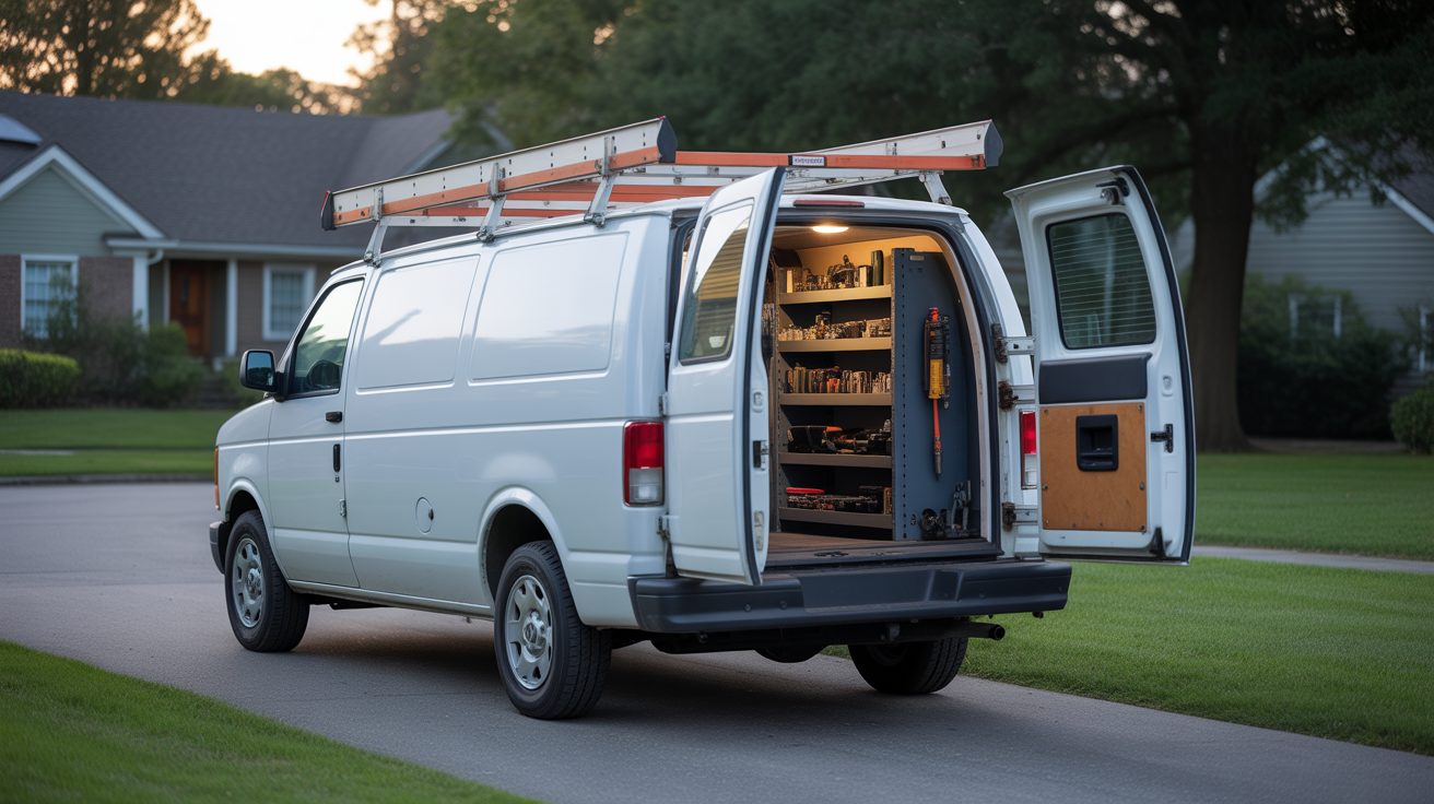 Unmarked service van staged near a property in Charleston