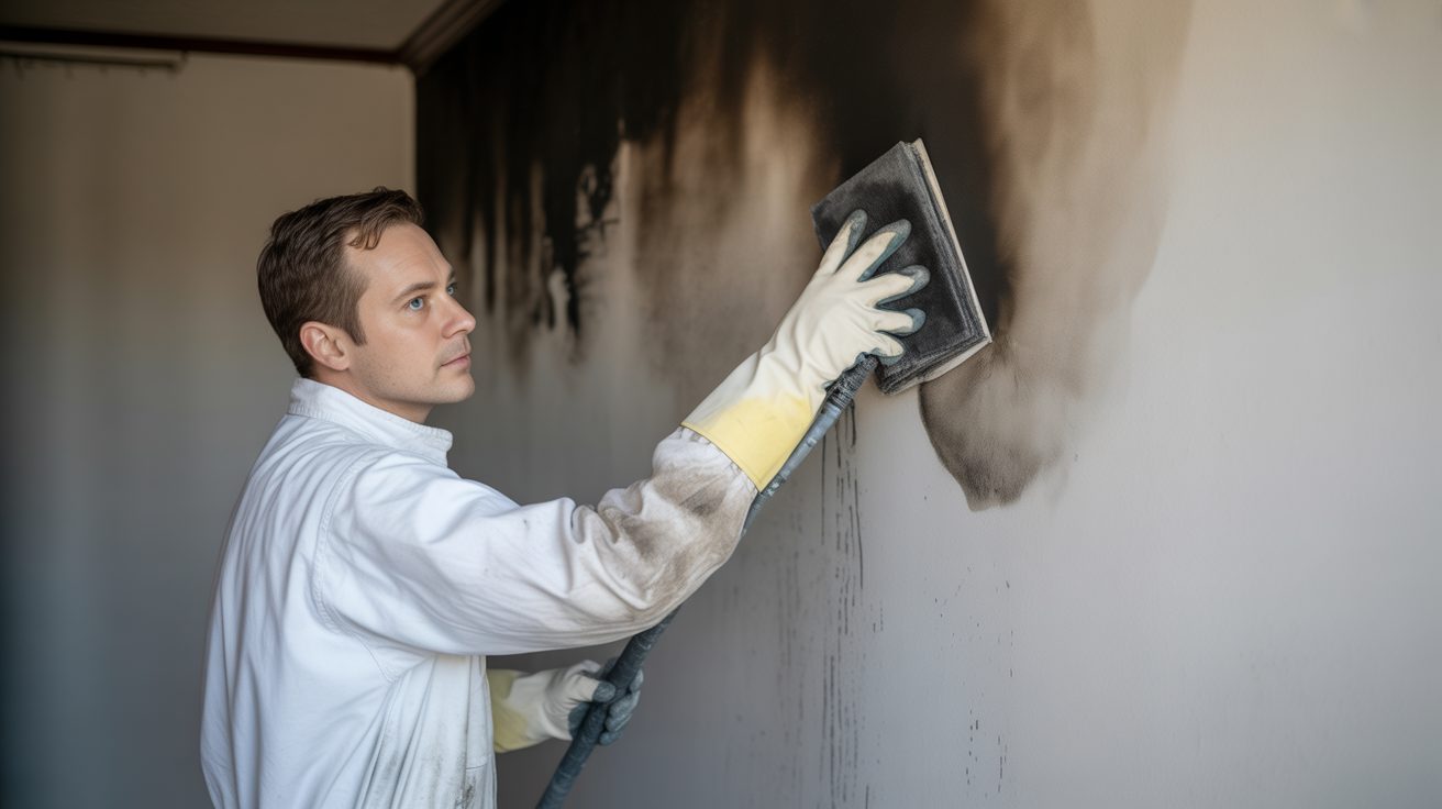 Technician dry-sponging soot from a wall in Charleston